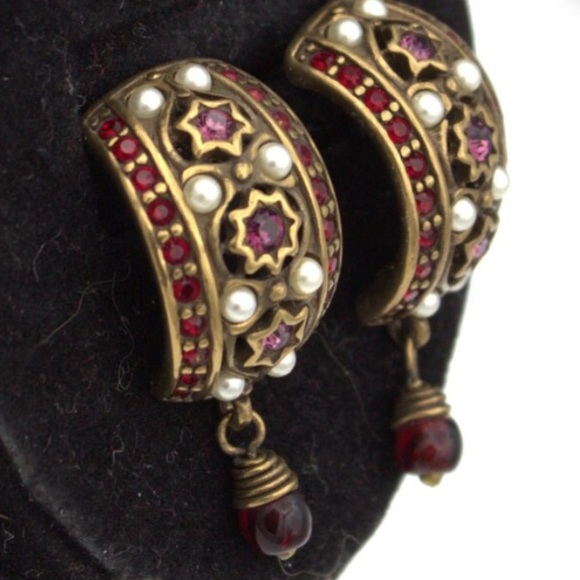 Designer Phillip Bloch Victorian Revival Red Garnet Post Hoop Earrings W Pearls - Picture 11 of 14